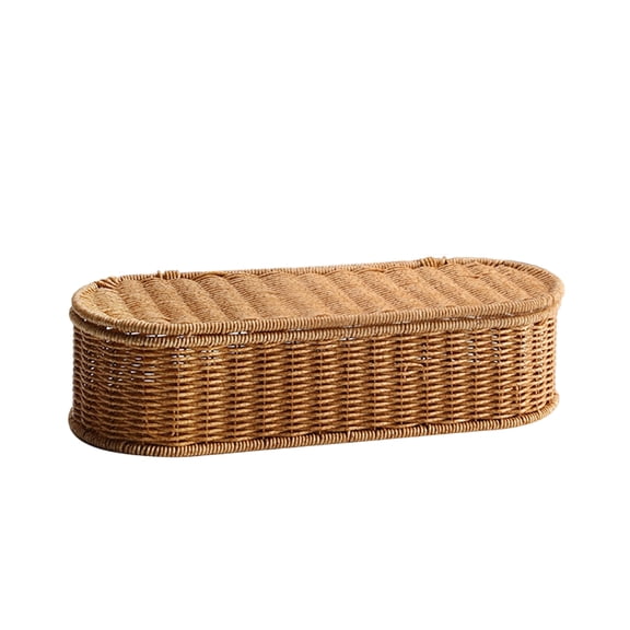 Plastic Wicker Oval Storage Basket with Flip Lid, Handwoven Desktop Organizer for Small Items, Home Decor Gift Box for Jewelry, Cosmetics, Office Supplies