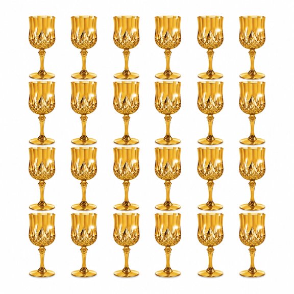 Plastic Wine Glass Goblets, 7oz, 24 Piece Set, Amber Gold, Reusable Plastic for Parties and Weddings