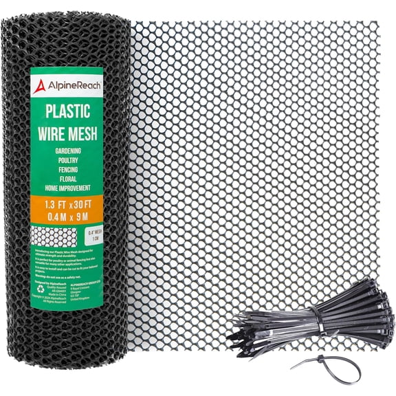 Plastic Wire Mesh 1.3ft x 30ft Fee Roll with Zip Ties - Ideal for Poultry, Dogs, Rabbit Barrier & Gardening, Durable Chicken Mesh, Versatile Rigid Feing & Netting, Black (15.7" x 360")