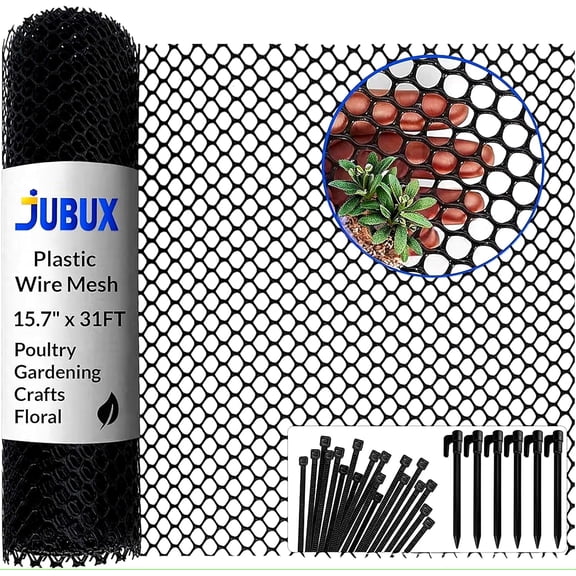 Plastic Wire Mesh Fence 15.7" x 31 ft Chicken Wire Fencing for Dogs, Rabbits & Poultry Snake Barrier & Fence for Balcony Includes 10 Pegs & 15 Zip Ties Durable, Weatherproof & Easy to Install