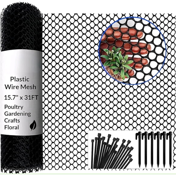 Plastic Wire Mesh Fence 15.7" x 31 ft  Chicken Wire Fencing for Dogs, Rabbits & Poultry  Snake Barrier & Fence for Balcony  Includes 10 Pegs & 15 Zip Ties  Durable, Weatherproof & Easy to Install