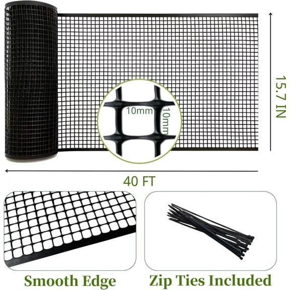 Plastic Wire Mesh Fence, Balcony Fence for Baby and Pets, Safety Fence, Stair Protector, Poultry, Garden, Tree Support, Material, Free Zip Ties (Black, 15.7'' x 40')