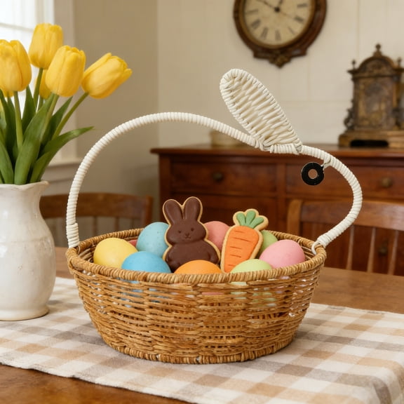 Plastic Woven Basket White Imitation Rattan Rabbit Woven Basket with Chick Egg Decoration Easter Storage Basket and Handheld Flower Gift Basket(1Pcs) Rkxzt