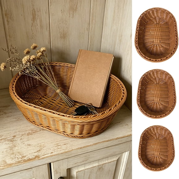 Plastic Woven Bread Basket, Imitation Rattan Storage Bin in Brown, for Kitchen Dining Table Organization, Versatile Tray for Snacks Fruit, Topliu