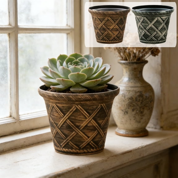 Plastic Woven Flower Pot Planter 7 Inch, Thick Durable Roman Rattan Style for Indoor Outdoor Balcony, Vegetables, Herbs, Succulents, Bonsai