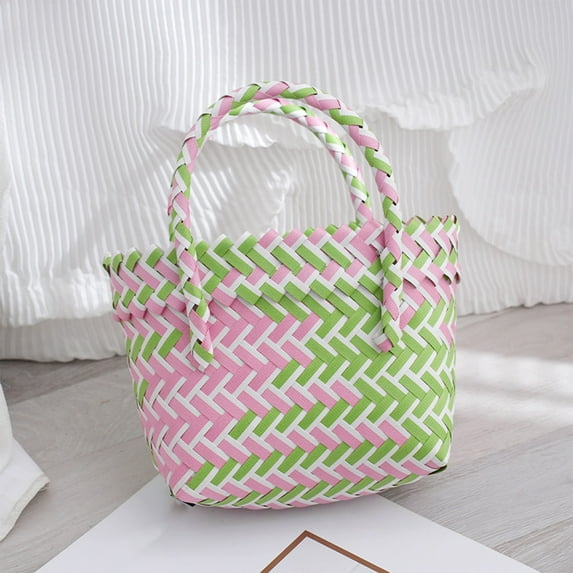 Plastic Woven Handbag, Colorful Lattice Tote Bag with Thick Rope Handle, Lightweight Durable Storage Basket for Daily Carry, Shopping Organizer Handbag for Travel Home Use
