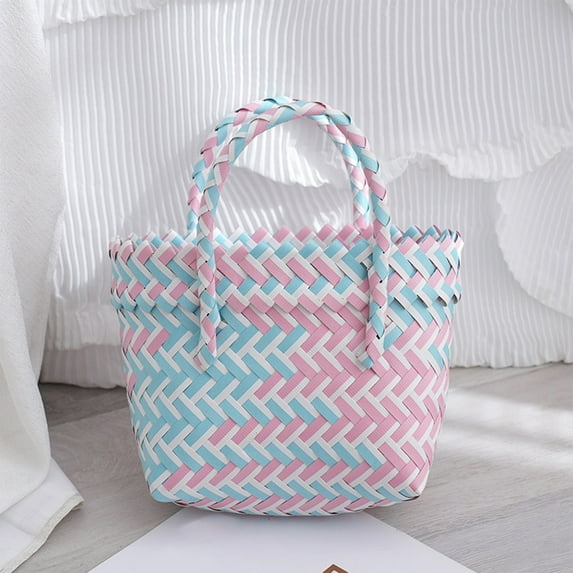 Plastic Woven Handbag, Colorful Lattice Tote Bag with Thick Rope Handle, Lightweight Durable Storage Basket for Daily Carry, Shopping Organizer Handbag for Travel Home Use