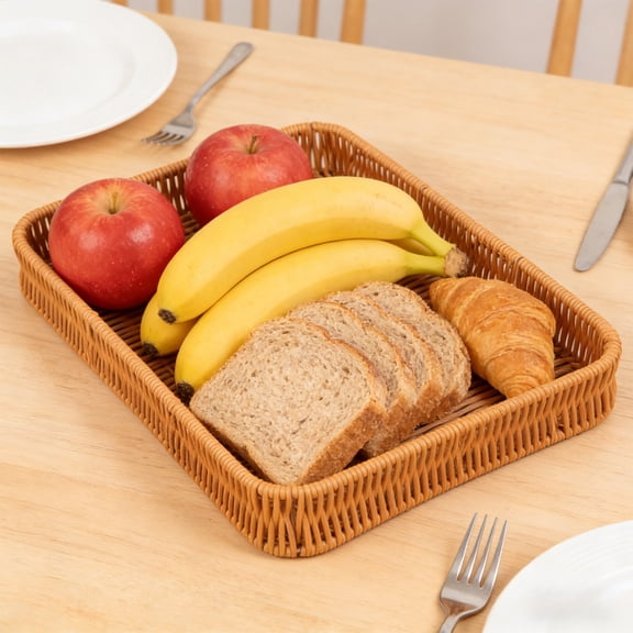 Plastic Woven Storage Basket, Imitation Rattan Fruit and Vegetable Holder for Kitchen Counter, Multipurpose Bread Serving Tray for Snacks, Farmhouse Style Organizer for Shelves, 15.75x12x1.77 Inches