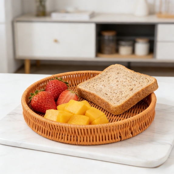 Plastic Woven Storage Basket | Imitation Vines Design | Multi-Functional Fruit Vegetable Snack Candy Bread Tray | 13.78x13.78x1.77 Inches | 1 Piece