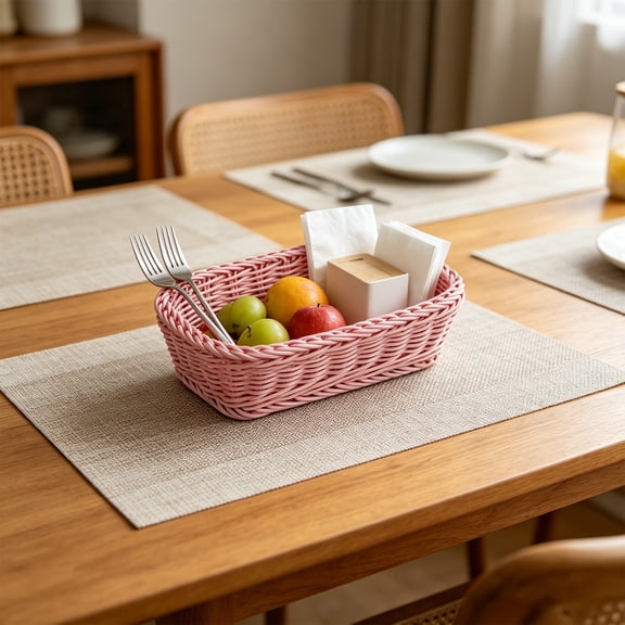 Plastic Woven Storage Basket Rectangular, Organizer Tray For Bathroom Kitchen Desktop Organization, Lightweight Wicker-Like Bin For Toiletries Cosmetics Supplies, Pink