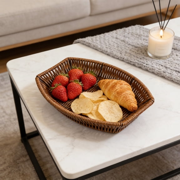 Plastic Woven Storage Basket Tray Imitation Rattan, Multicolor, 11.4 x 8.7 x 1.6 in, Fruit Vegetable Bread Snack Candy Organizer, Washable Multi Use