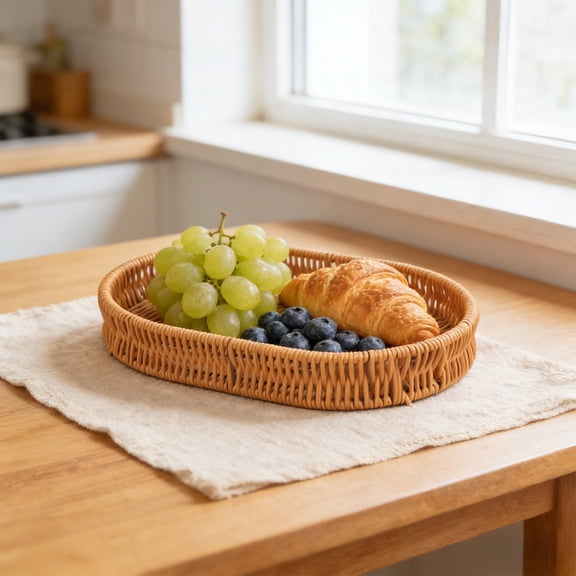 Plastic Woven Storage Basket Tray Imitation Rattan – Multicolor Plastic Fruit Vegetable Snack Bread Organizer, Rectangular 15.75x12in, Washable, 1 Pc
