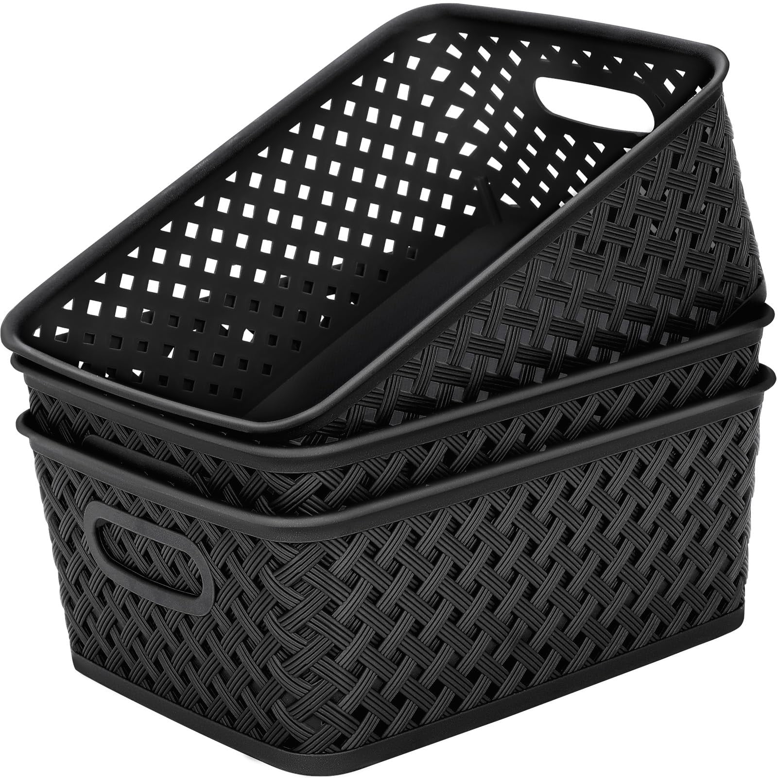 Plastic Woven Storage Baskets With Handles, 3 Pack, Medium, Black, For Home Office Organization