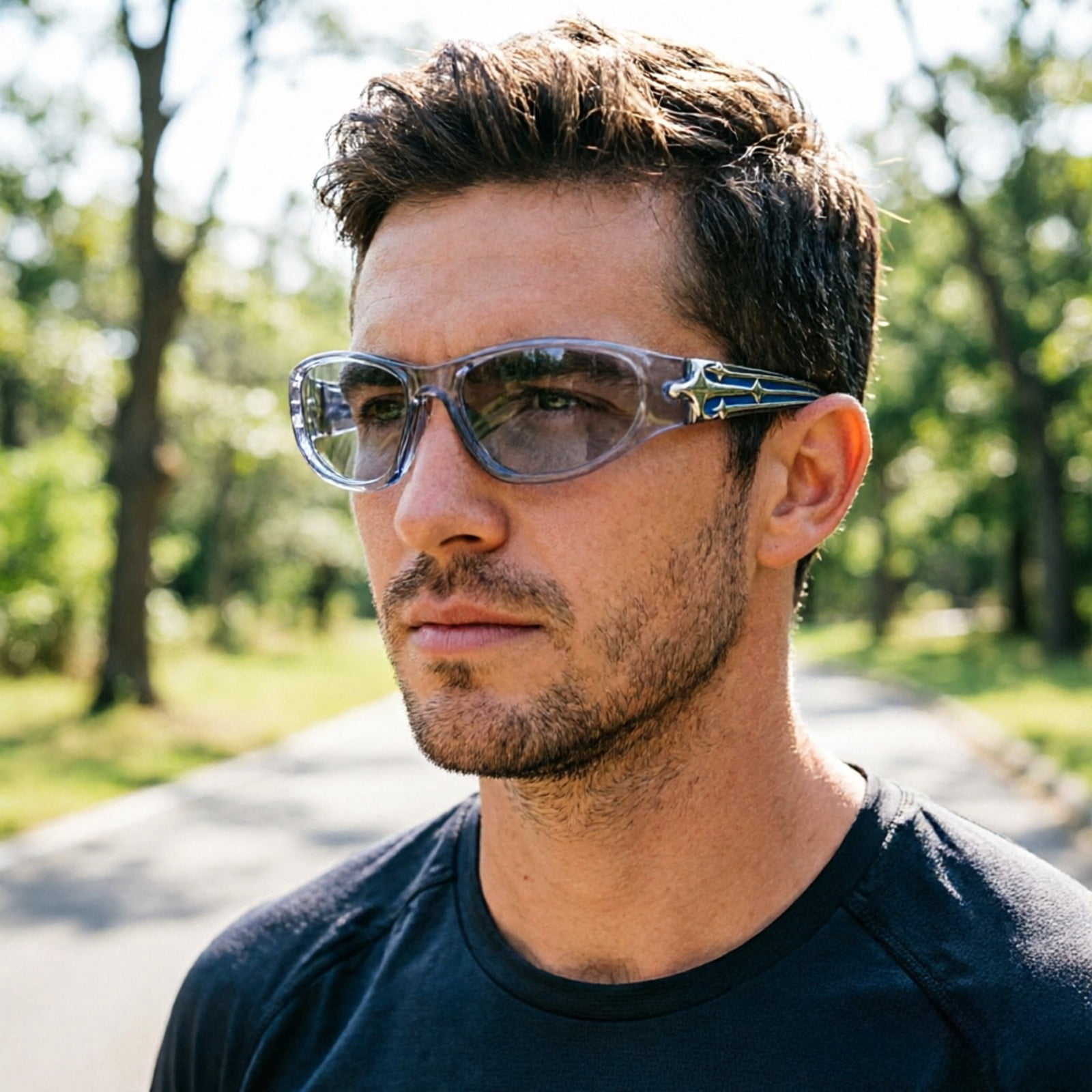 HomBine WrapAround Sports Sunglasses, Frame Fashion Sun Glasses with Star Decor, Transparent Frame Eyewear for Outdoor Cycling, Driving, Travel, Trendy Retro Shades for Women Men, UV Protection