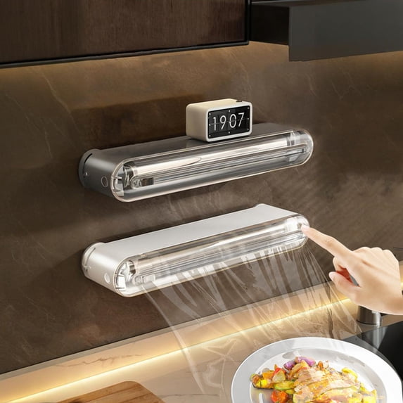 Plastic Wrap Dispenser with Cutter, Refillable Aluminum Foil and Cling Film Dispenser for Kitchen Countertop or Magnetic Refrigerator Mount, White Abs Organizer, Topliu