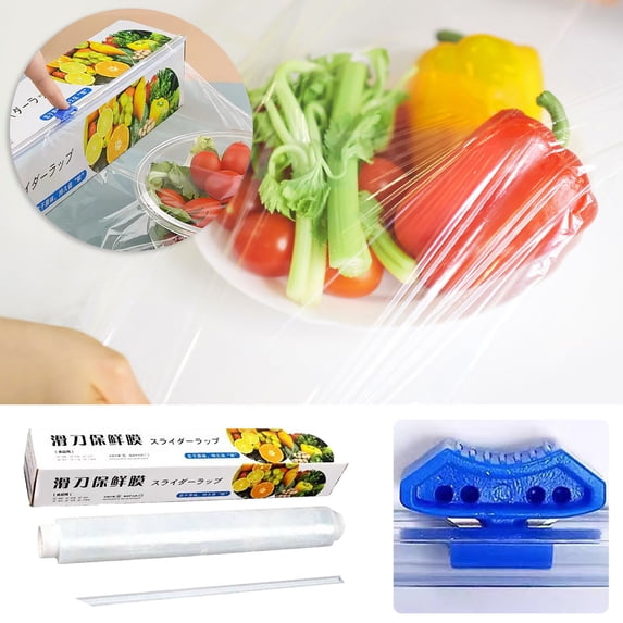 Plastic Wrap Roll with Sliding Cutter | Food Grade PE Cling Film | Transparent, Strong Seal, Multipurpose Kitchen Food Preservation | Easy Cut Design, Odor Barrier, 1 Roll