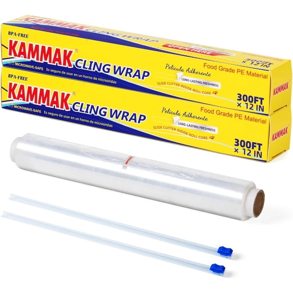 Plastic Wrap with Slide Cutter Food Cling 12 Inch Kitchen Film BPA-Free Microwave-Safe 300 Ft Roll Service Quick Cut for Restaurant (2 Pack)