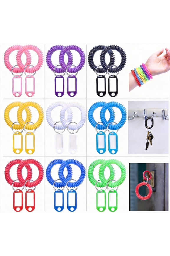 Plastic Wrist Coil Keychains with Key Tags 18-Pack Assorted Colors Stretchable Spiral Band for Gym Pool ID Badge