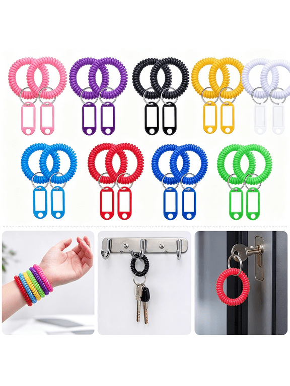 Plastic Wrist Coil Keychains with Key Tags 18-Pack Assorted Colors Stretchable Spiral Band for Gym Pool ID Badge