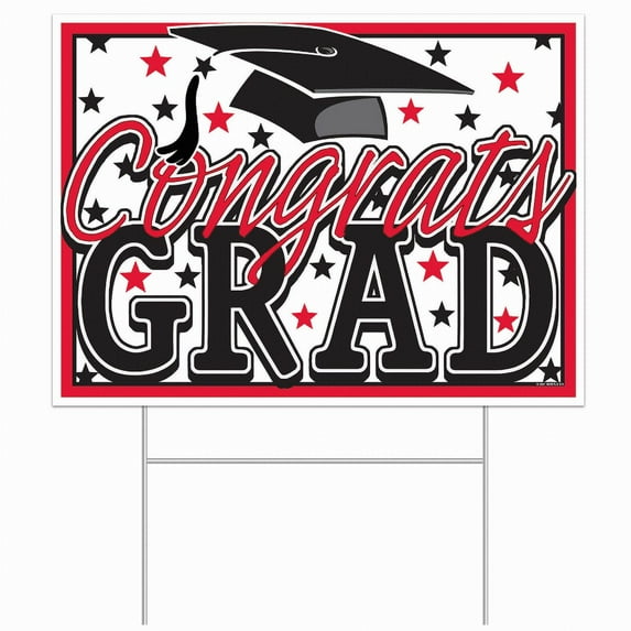 Beistle 53921-R 11.5 x 15.5 in. Plastic Congrats Grad Yard Sign, Red - Pack of 12