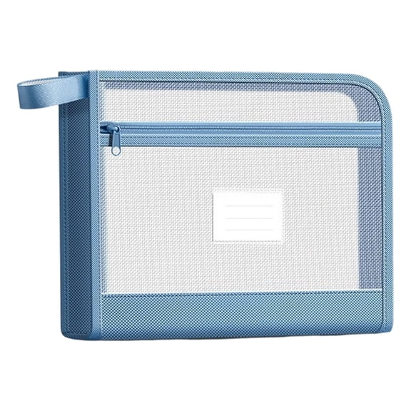 Plastic Zip Wallet, Mesh Zipper Pouch, A4 Document Folder with Label Pocket, Zip Lock Organizer, Portable File Bag for Office Documents, Household Supplies and Travel Storage,Blue
