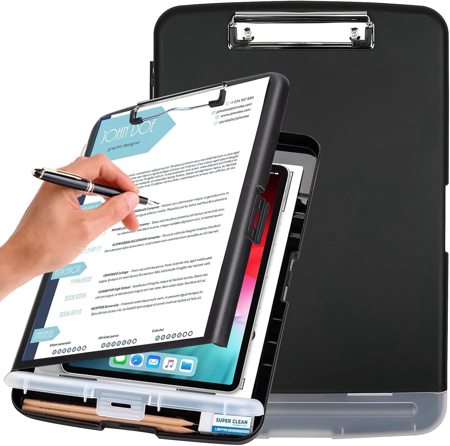 Plastic clipboard with storage, multi-function, side opening, ideal for nursing and office use (Black)