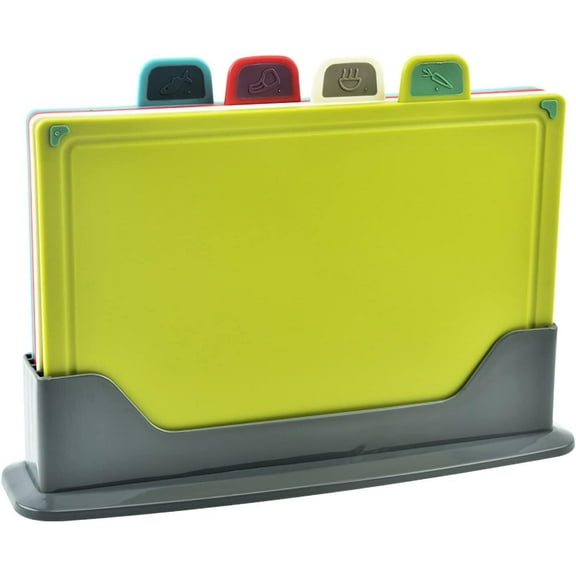 Plastic cutting board with storage shelf. Thicker Chopping Board Set with Color Coded Food Icon for Kitchen Different Food Types. Easy to Grasp, Anti-skid and Easy to Clean(4 pack)