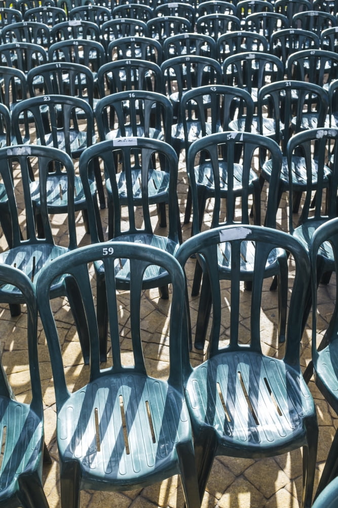 Plastic green chairs lined up in rows Malaga Province Andalusia Spain Canvas Art - Ben Welsh Design Pics (12 x 19)
