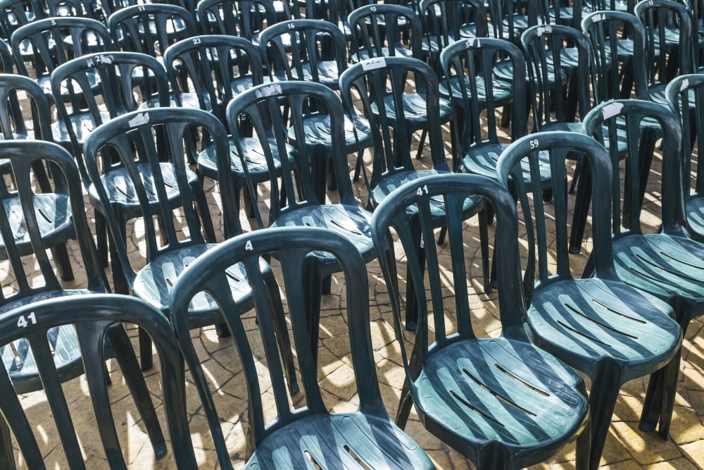Plastic green chairs lined up in rows Malaga Province Andalusia Spain Canvas Art - Ben Welsh Design Pics (38 x 24)