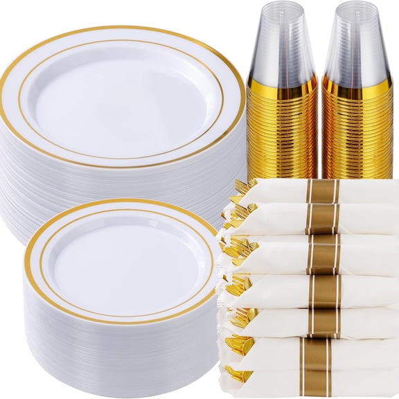 Plastic party tableware set for guests—includes stylish disposable plates (dinner & dessert), pre-rolled napkins, silver cutlery, and cups