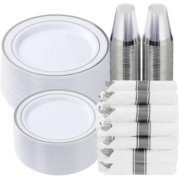 Plastic party tableware set for guestsโincludes stylish disposable plates (dinner & dessert), pre-rolled napkins, silver cutlery, and cups