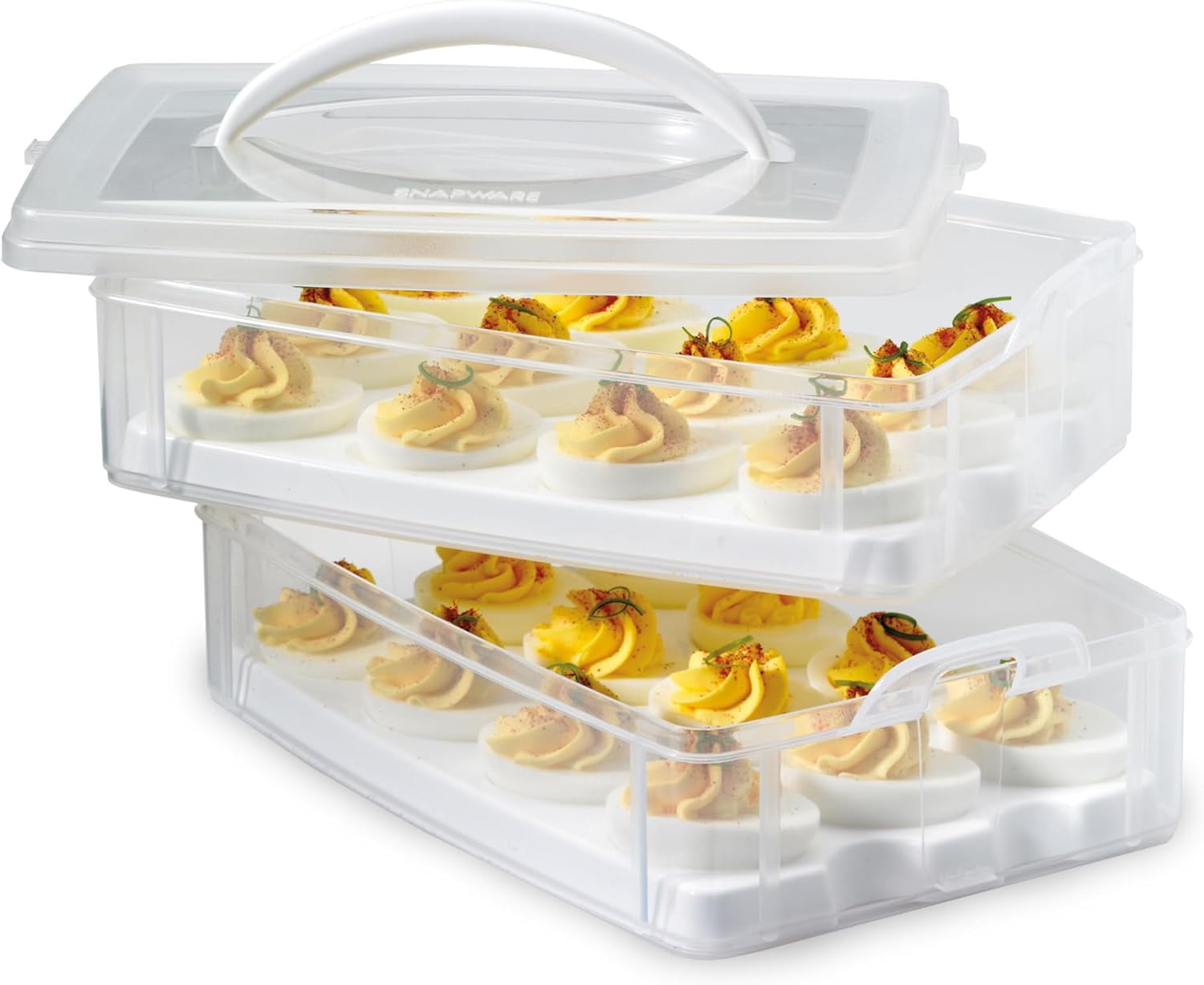 Plastic removable deviled egg container with lid and handle, freezer, dishwasher and microwave safe