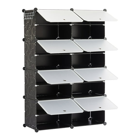 EDX 6-Tier Shoe Rack with Side Hooks, 24-Pair Capacity Sturdy Metal Frame Storage Organizer, White and Black Plastic Panel Shelf for Entryway, Bedroom, and Dressing Room(white and black)