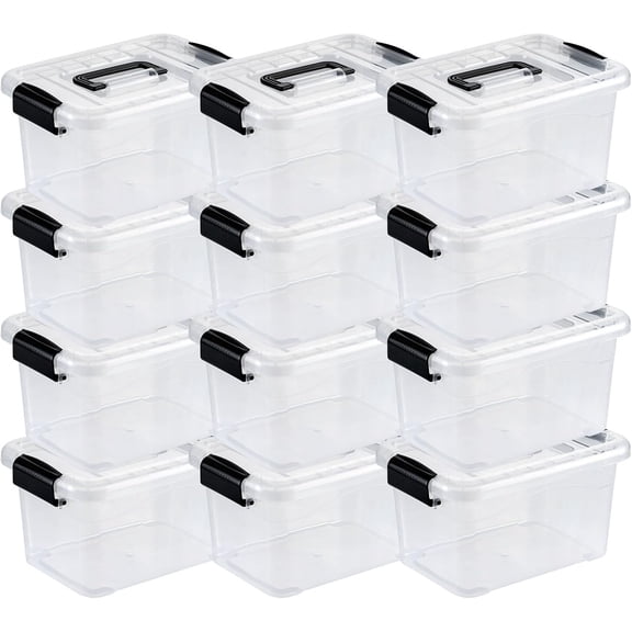 Plastic storage bins, stackable and nestable storage boxes, with white lids and safety locks, large-capacity storage containers (transparent, 6-quart, 12-pack)