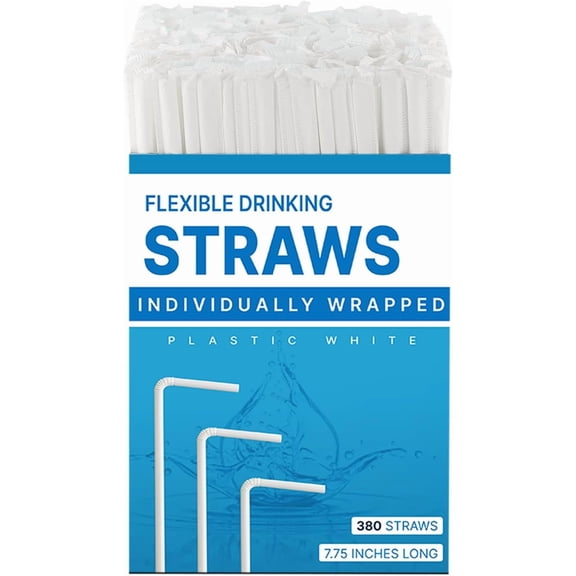 Plastic white bendable drinking straws 380 pack, single-use packaged white straws 7.75 inches long