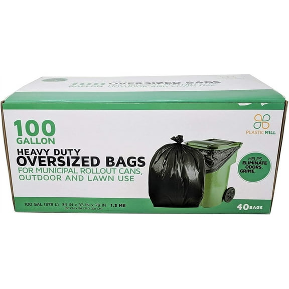 PlasticMill 100 Gallon 1.3 Mil Trash Can Liners for Outdoor, Municipal, or Township Garbage Cans - 40 Bags/case