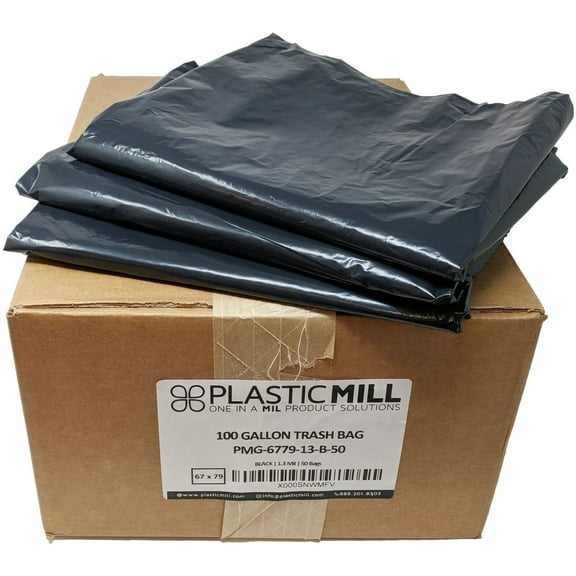 PlasticMill 100 Gallon, Black, 1.3 Mil, 67x79, 50 Bags/Case, Gang Folded, Garbage Bags / Trash Can Liners.