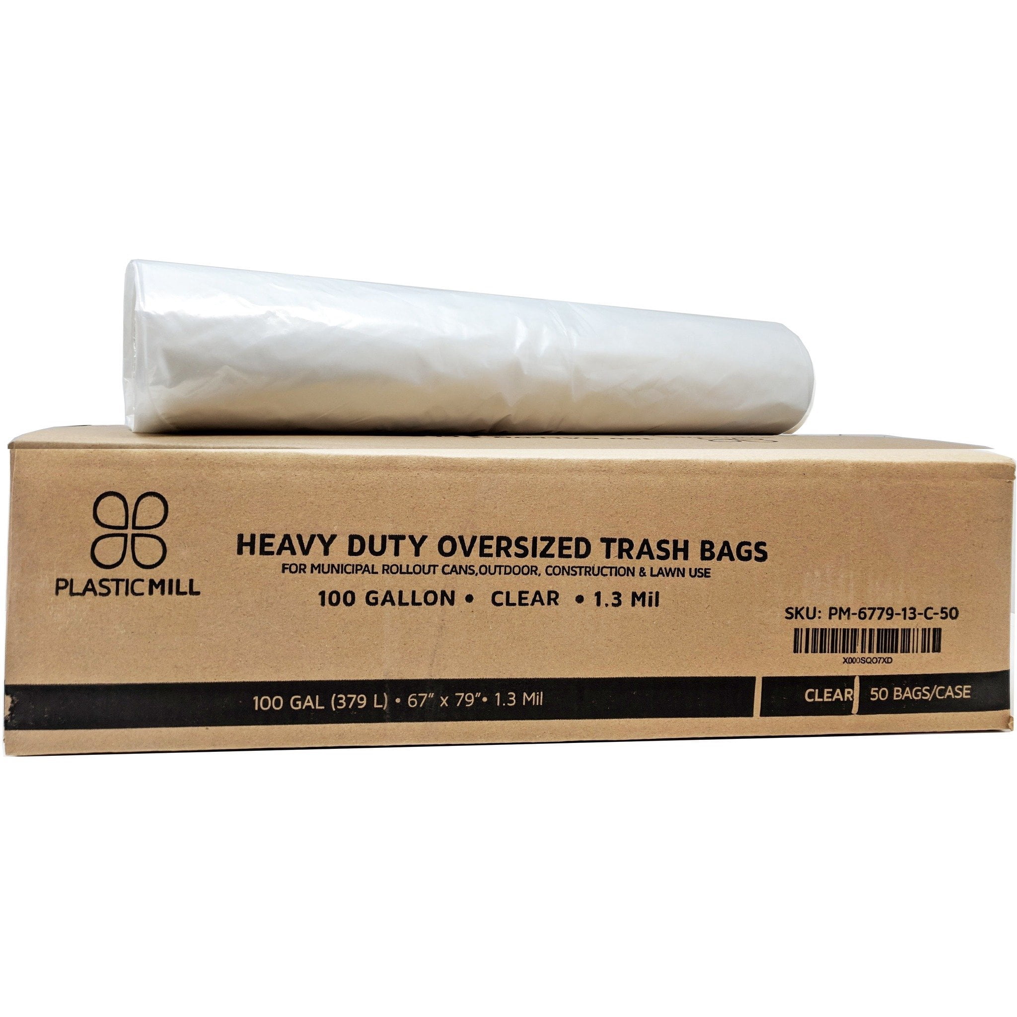 PlasticMill 100 Gallon, Clear, 1.3 Mil, 67x79, 50 Bags/Case, Garbage Bags / Trash Can Liners.