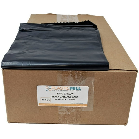 PlasticMill 20-30 Gallon, Black, 1.6 MIL, 30x36, 100 Bags/Case, Garbage Bags / Trash Can Liners.