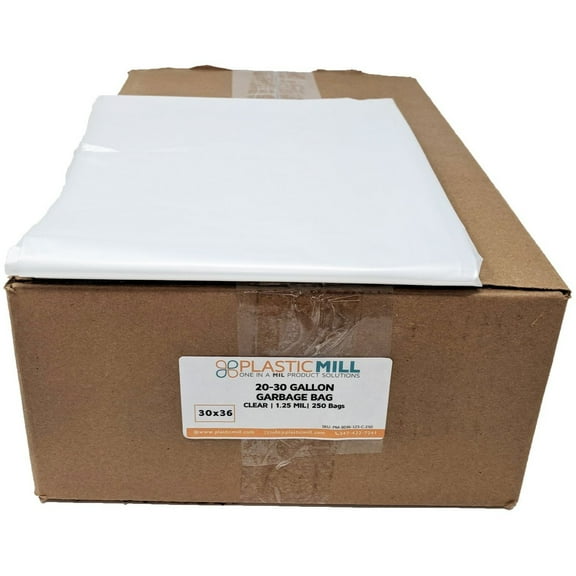 PlasticMill 20-30 Gallon, Clear, 1.25 MIL, 30x36, 250 Bags/Case, Garbage Bags / Trash Can Liners.