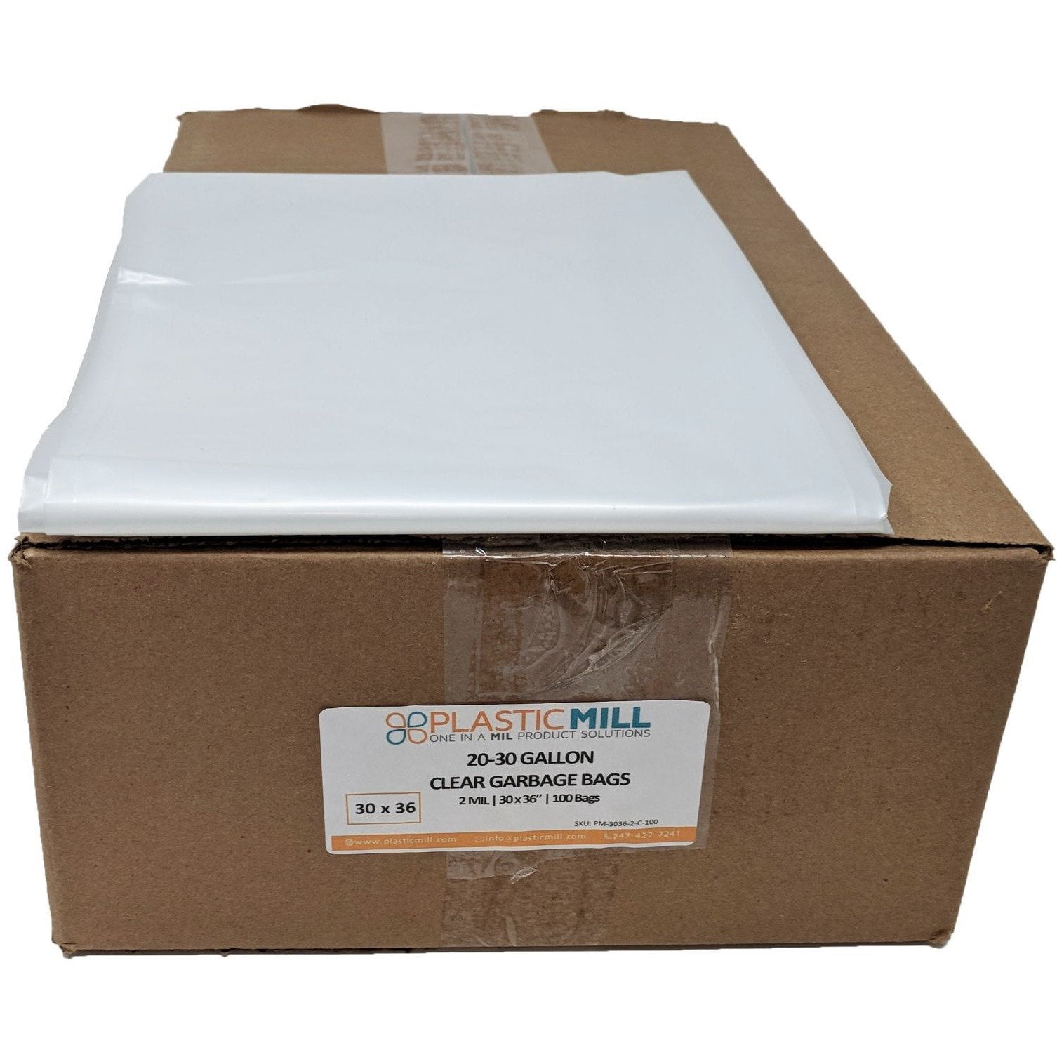 PlasticMill 20-30 Gallon, Clear, 2 MIL, 30x36, 100 Bags/Case, Heavy Duty, Garbage Bags / Trash Can Liners.