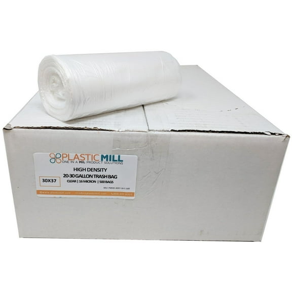 PlasticMill 20-30 Gallon, High Density Clear, 16 Micron, 30x37, 500 Bags/Case, Garbage Bags / Trash Can Liners.
