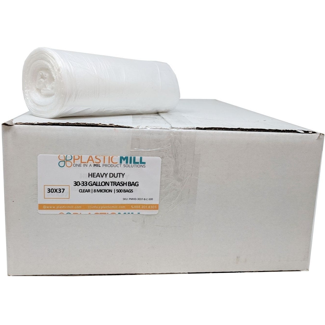 PlasticMill 20-30 Gallon, High Density Clear, 8 Micron, 30x37, 500 Bags/Case, Garbage Bags / Trash Can Liners.