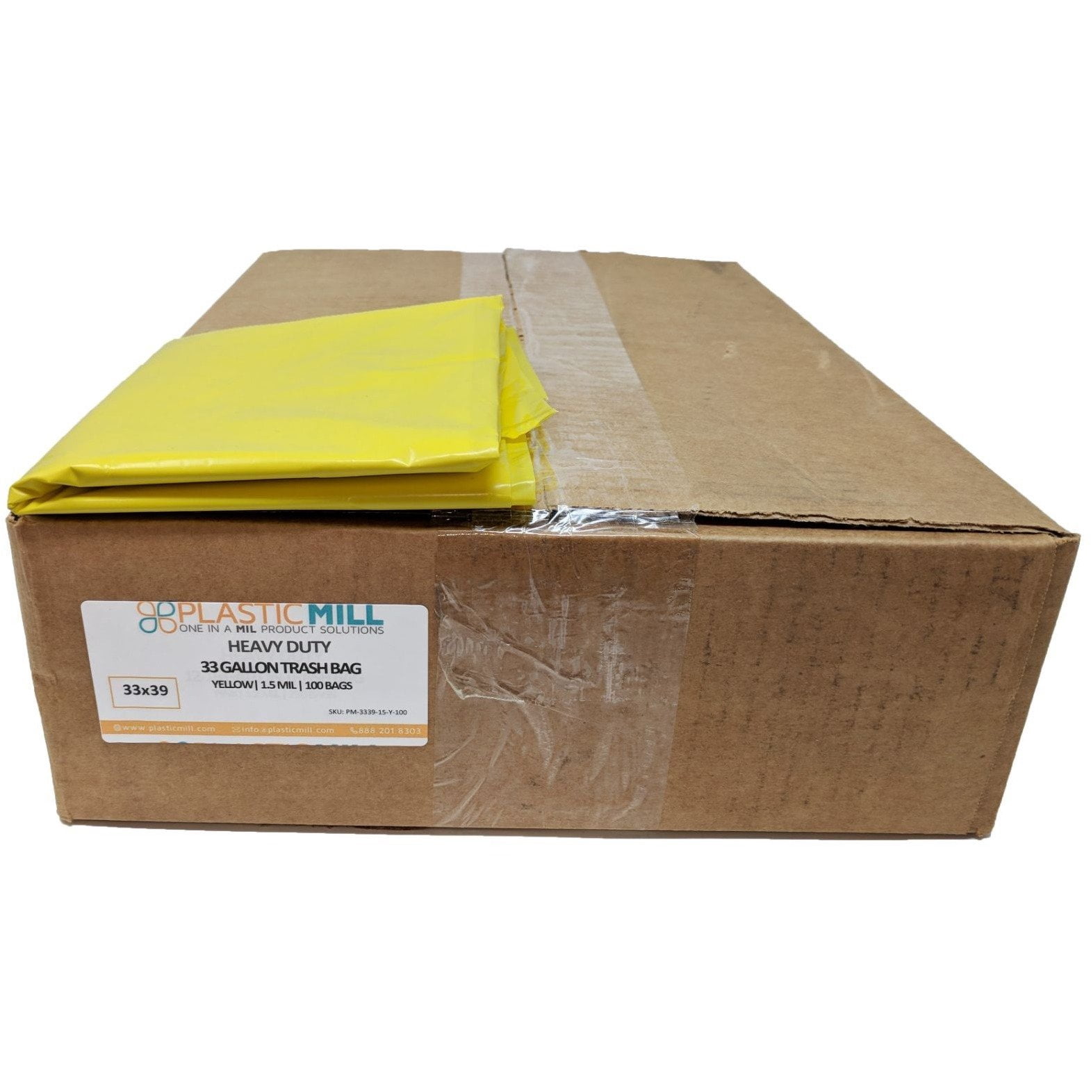 PlasticMill 33 Gallon, Yellow, 1.5 MIL, 33x39, 100 Bags/Case, Garbage Bags / Trash Can Liners.
