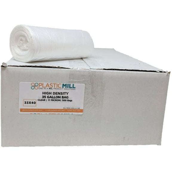 PlasticMill 35 Gallon, High Density, Clear, 11 Micron, 33x40, 500 Bags/Case, Garbage Bags / Trash Can Liners.