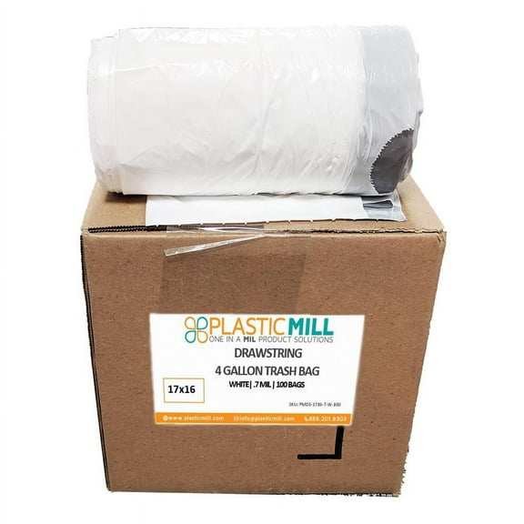 PlasticMill 4 Gallon, White, Drawstring, 0.7 MIL, 17x16, 100 Bags/Case, Garbage Bags / Trash Can Liners.