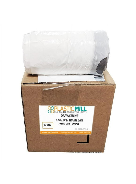 PlasticMill 4 Gallon, White, Drawstring, 0.7 MIL, 17x16, 100 Bags/Case, Garbage Bags / Trash Can Liners.