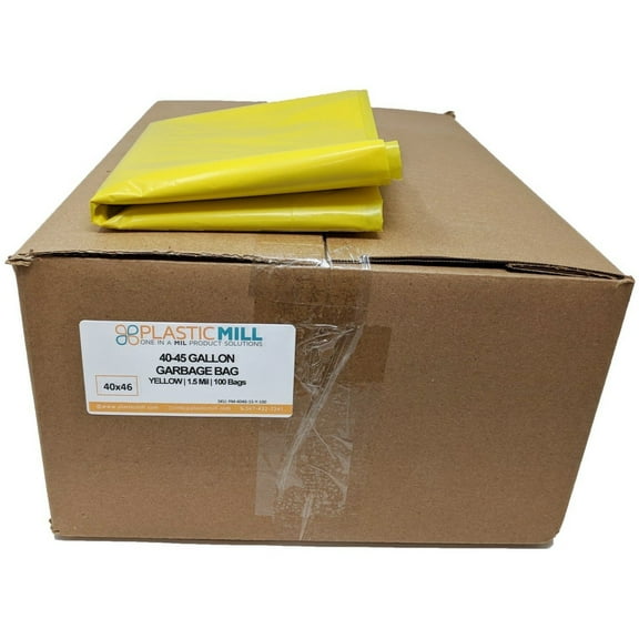 PlasticMill 40-45 Gallon, Yellow, 1.5 Mil, 40x46, 100 Bags/Case, Garbage Bags / Trash Can Liners.