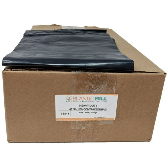 PlasticMill 42 Gallon, Black, 3 MIL, 33x48, 32 Bags/Case, Ultra Heavy Duty, Garbage Bags / Trash Can Liners / Contractor Bags.