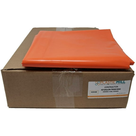 PlasticMill 42 Gallon, Orange, 3 MIL, 33x48, 50 Bags/Case, Ultra Heavy Duty, Garbage Bags / Trash Can Liners / Contractor Bags.